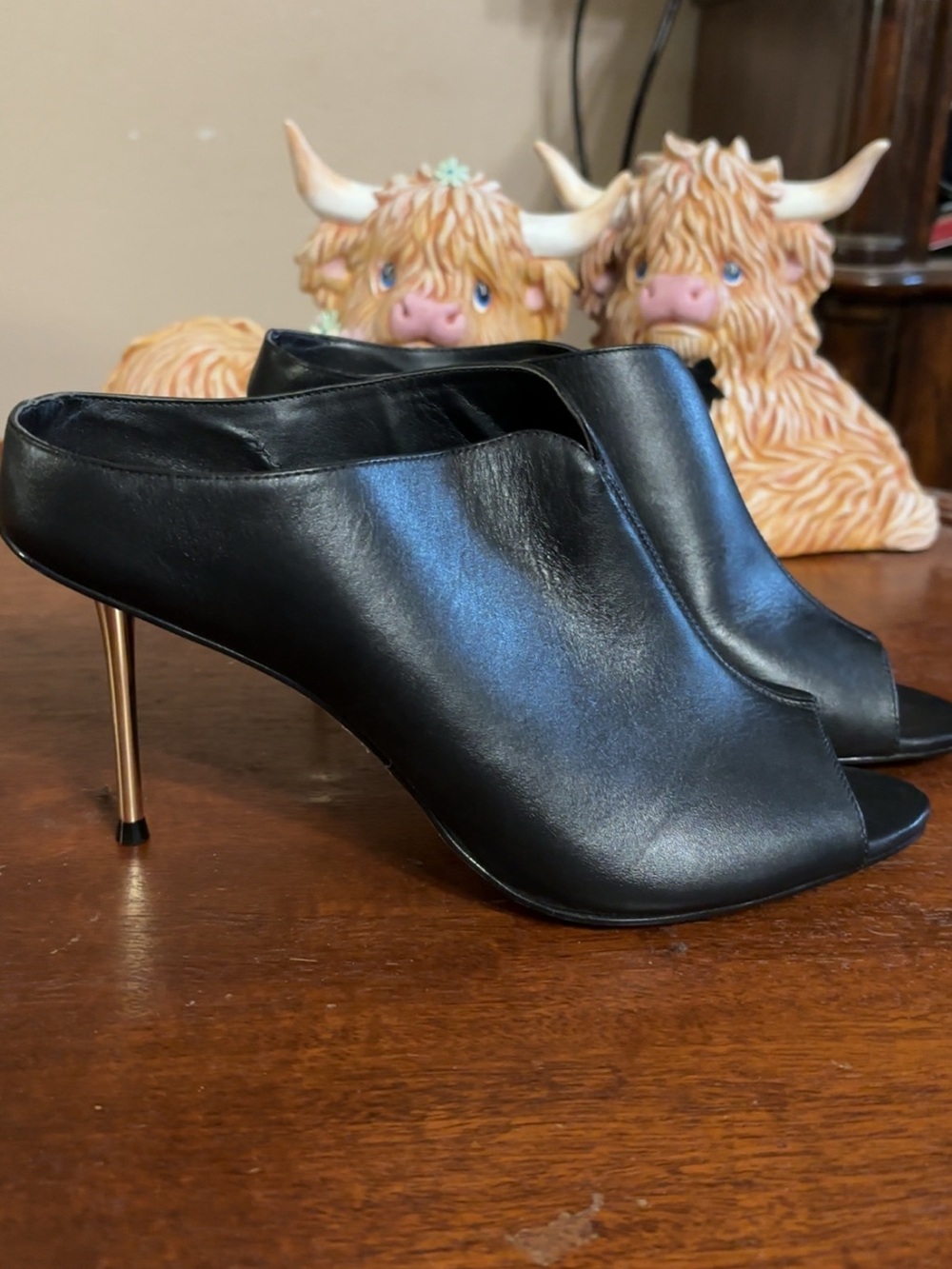 BCBGMaxAzria Black Leather Peep-Toe Mule with Gold Stiletto Heel